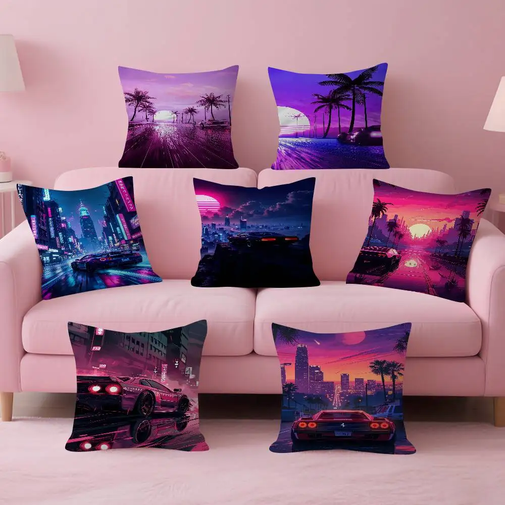 Neon Night City Landscape 80s Cyberpunk Car Cushion Cover 30x50 Polyester Sofa Cushions Throw Pillow Home Decoration Pillowcover