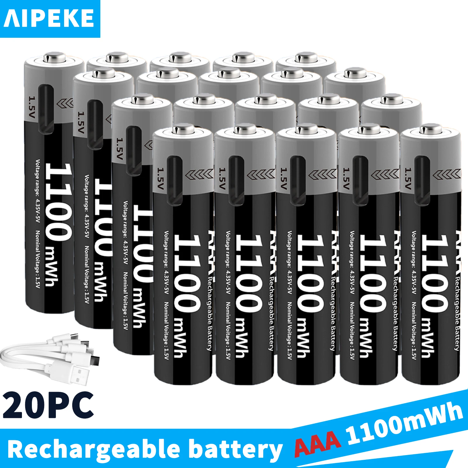 AIPEKE-Piles rechargeables USB 1.5V Aa et Aaa, 1100mWh Lithium aaa 24.com pour jouets, télécommande, souris, clavier, manette de jeu