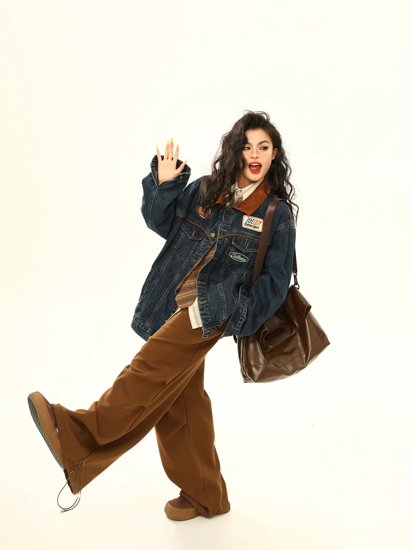 Women Motorcycle Trendy Brand Turn-down Collar Jacket Loose Retro American Denim Coat Autumn Casual Patchwork Y2k Tops Fashion