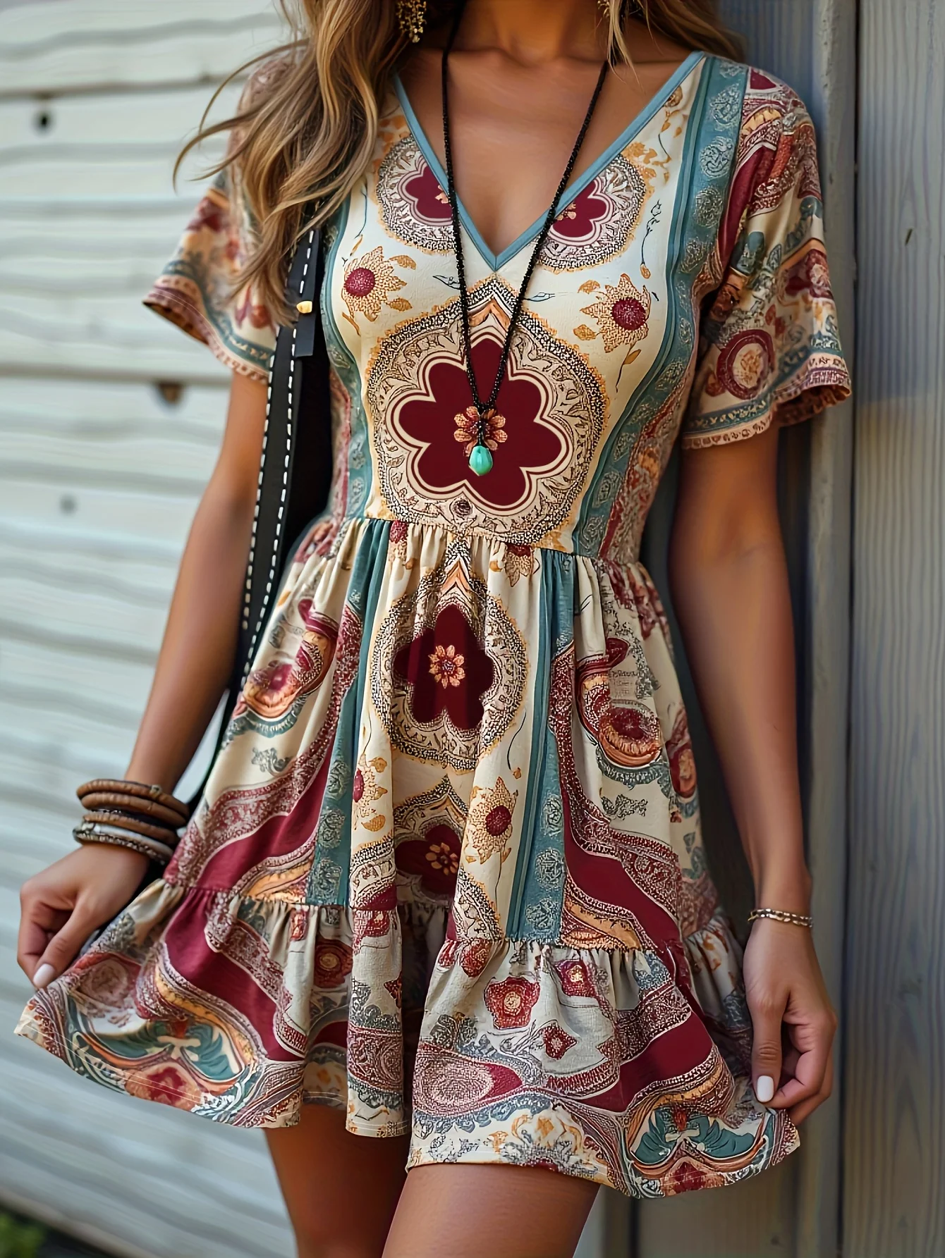 

Женское винтажное платье с V-образным вырезом и короткими рукавами с принтом