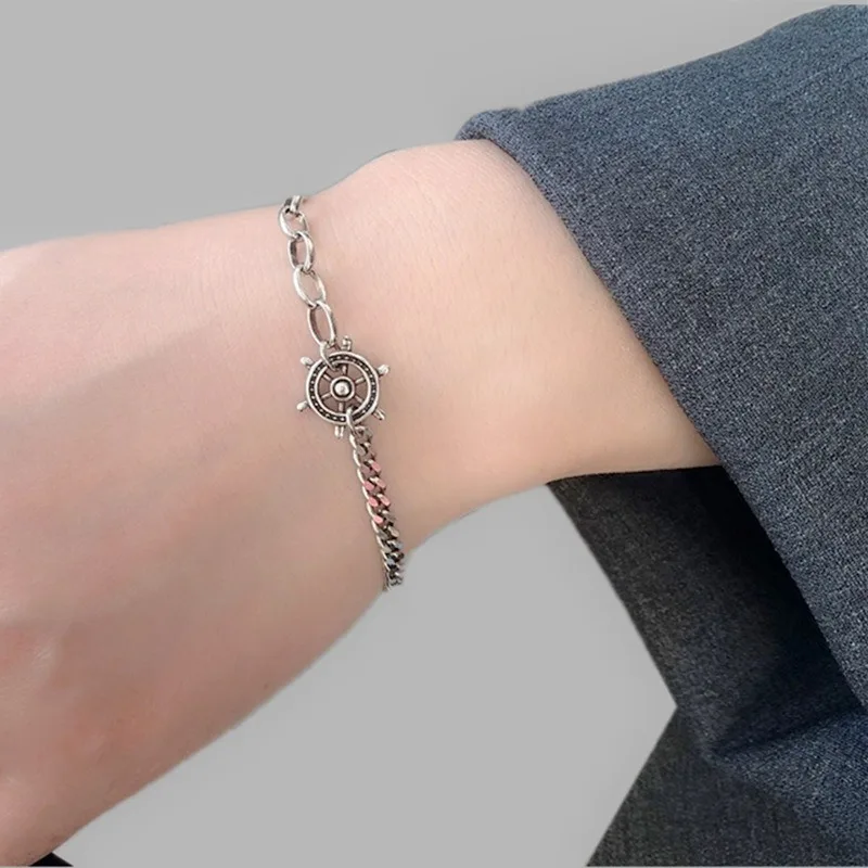 Vintage Thai silver rudder anchor women's bracelet, asymmetrical stitching, creative design, high quality workmanship