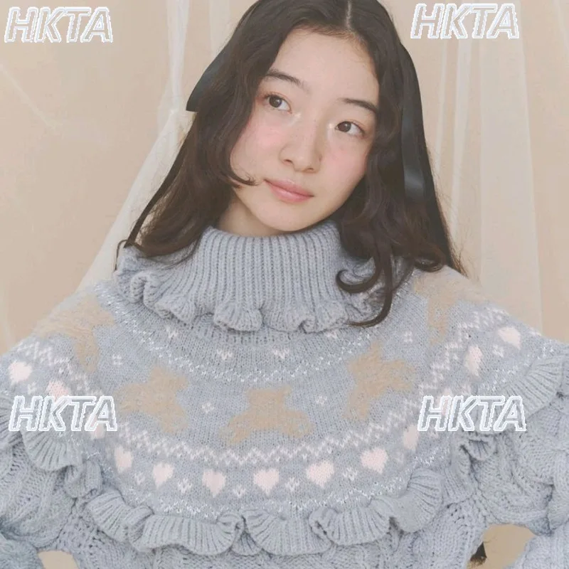Japanese Lolita Cute Cartoon Bear Turtleneck Sweater Women Autumn Winter Thick Thread Ruffle Thick Warm Knitted Pullover Sweater