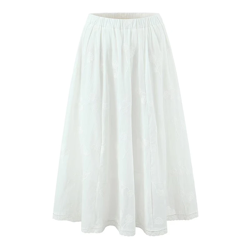 YENKYE New 2026 Women Floral Embroidery High Waist A-line Midi White Skirt Spring Summer Casual Holiday Skirts