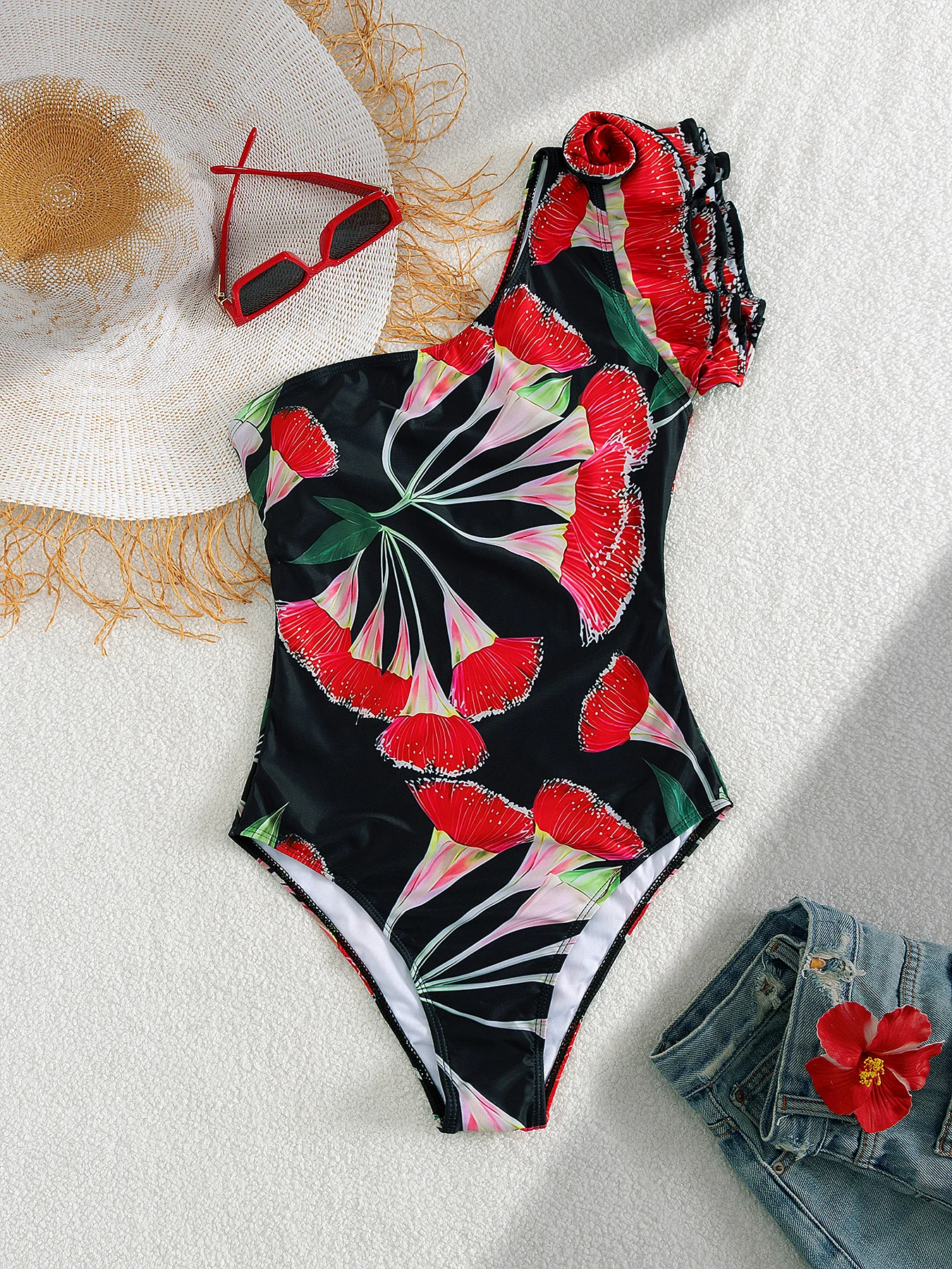 

2025 Sexy Swimsuit Black Base with Bold Floral Print Ruffle Shoulder Perfect for Beach Wear and Pool Parties Summer Beachwear