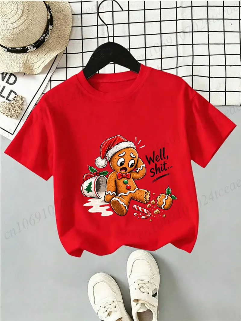 Well Shit Funny Christmas Print Kids T‑Shirt Cotton Children's Clothes Dark Humor Gingerbread Man Graphic Xmas Holiday Party Top