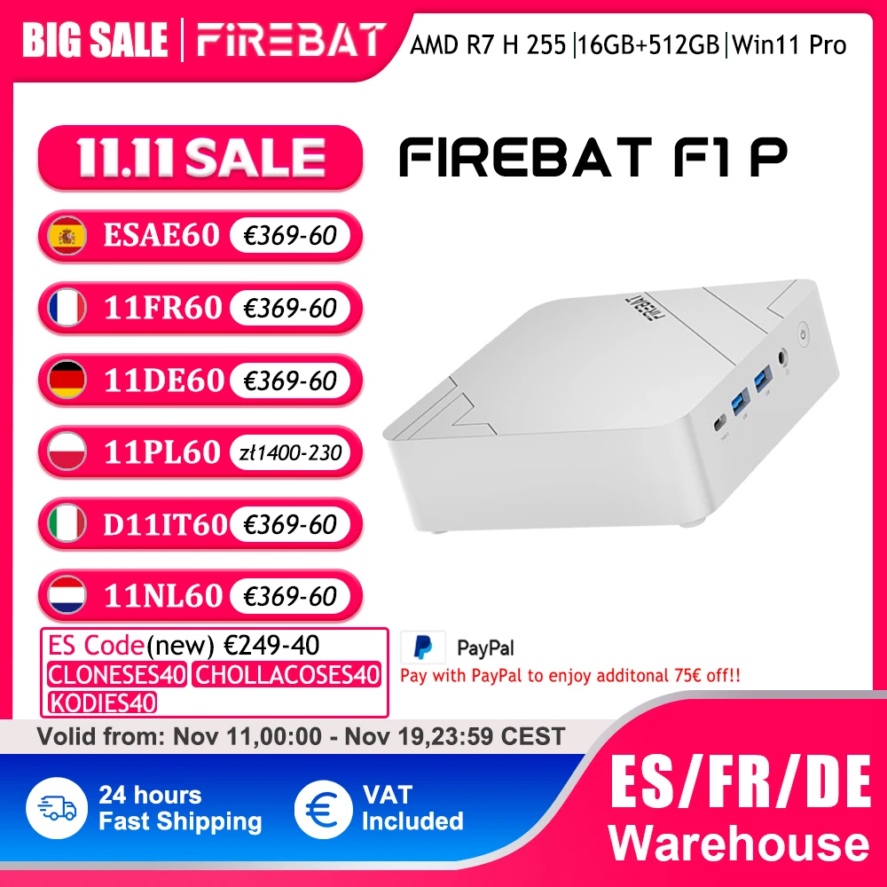 Firebat F1 P كمبيوتر صغير AMD Ryzen 7 H 255 16GB DDR5 5600MHz 512GB SSD Win11 Pro Wi-Fi 6 BT5.2 USB4.0 كمبيوتر صغير لسطح المكتب للألعاب