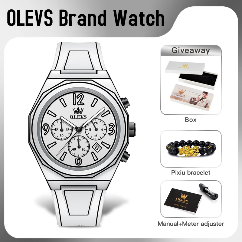 OLEVS 5622 Mens Watch Original Quartz Watch Waterproof Luminous Manga Style Silicone Strap Multifunctional Chronograph Reloj