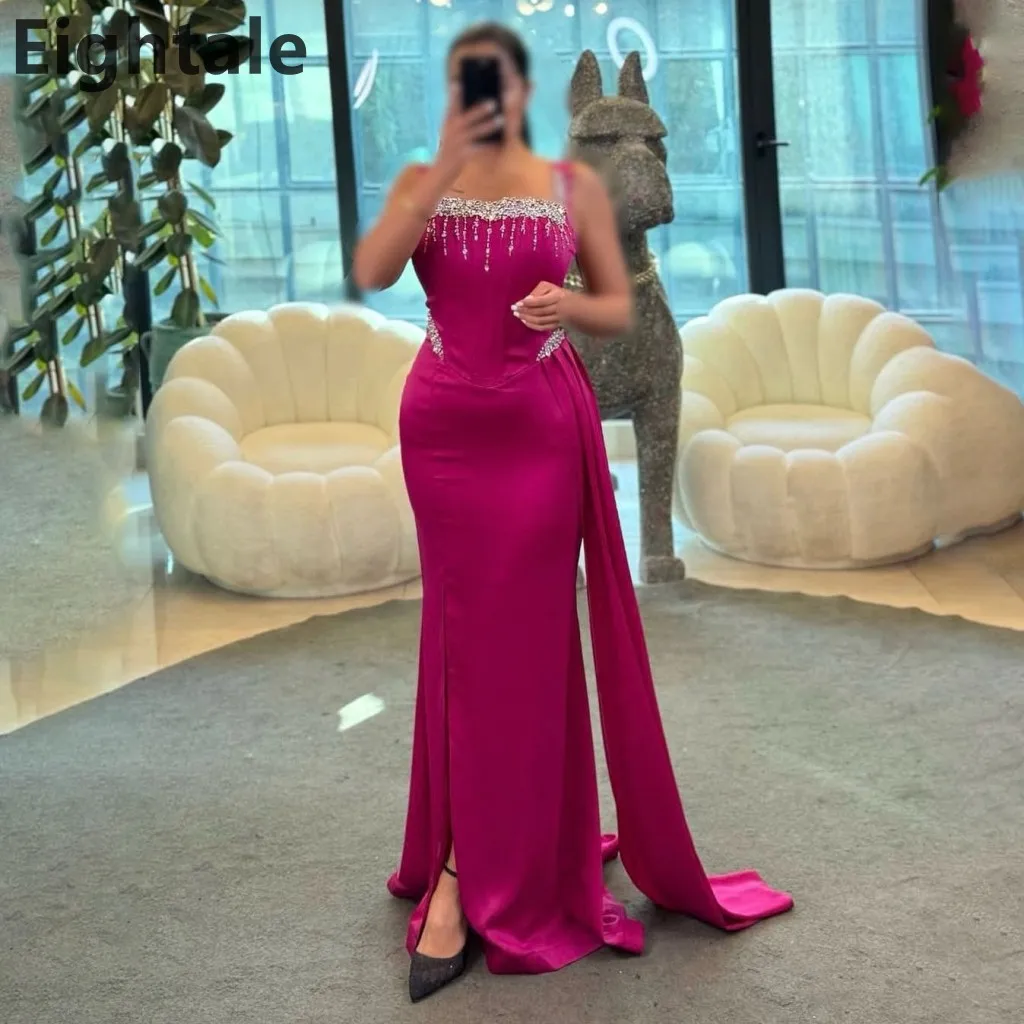 

Eightale 2025 Hot Pink Mermaid Sexy Slit Evening Dress Satin Beaded Wedding Prom Dubai Party Gown Customizable