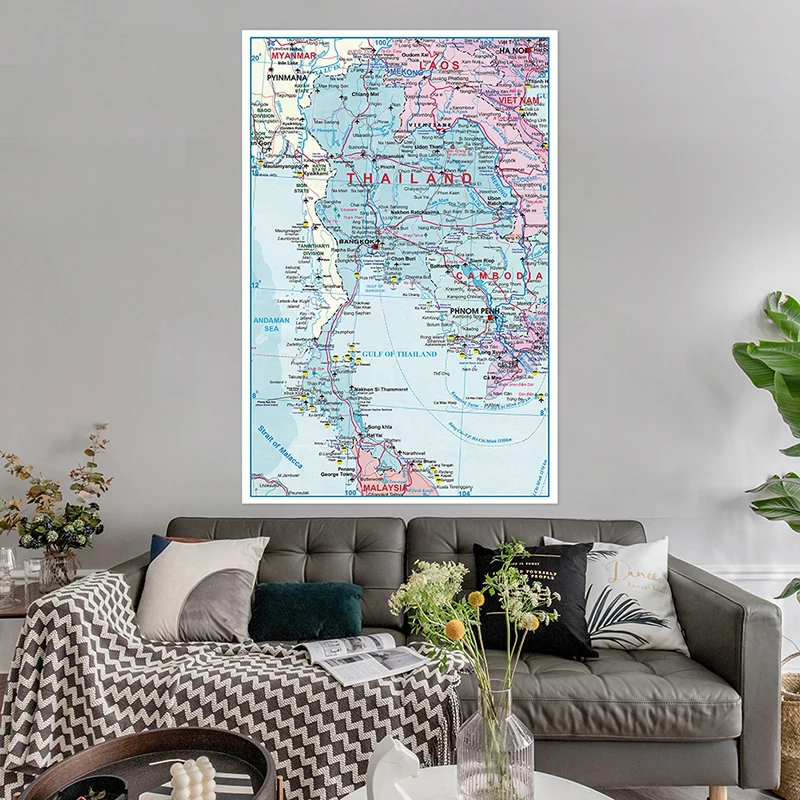 Imagem -05 - Mapa da Tailândia Não-tecido Lona Pintura da Parede Arte Impressão sem Moldura Cartaz Sala de Estar Decoração Casa Suprimentos de Escritório 150*225cm