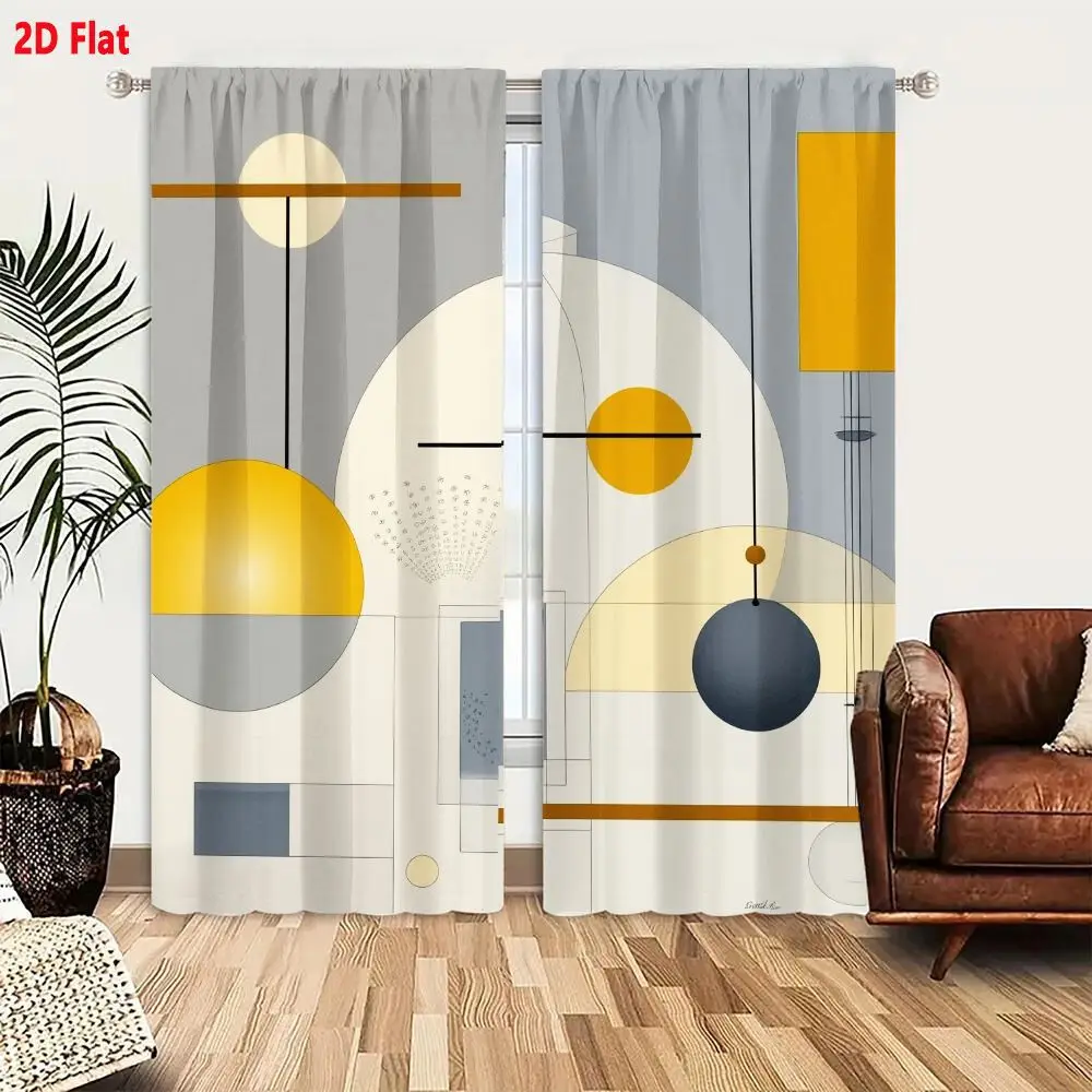 2Pcs Curtains 2D Flat Abstract Digital Art Geometric Composition With Mustard Yellow And Charcoal Gray Window Drapes for Bedroom