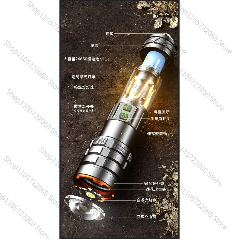 Rechargeable White Laser Flashlight, Long‑Range Strong Light Portable Torch, Multi‑Functional Outdoor Camping Lighting Tool