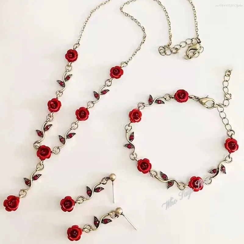 Vintage French Red Rose Flower Necklace Bracelet Set for Women Fashion Romantic Clavicle Chain Necklace Engagement Jewelry Gifts