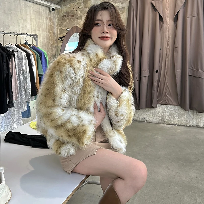 Mink Faux Fur Coat for Women Thick Warm Spotted Leopard Printed Vintage Short Fluffy Jacket Eco Fur Coat Winter Overcoat Female