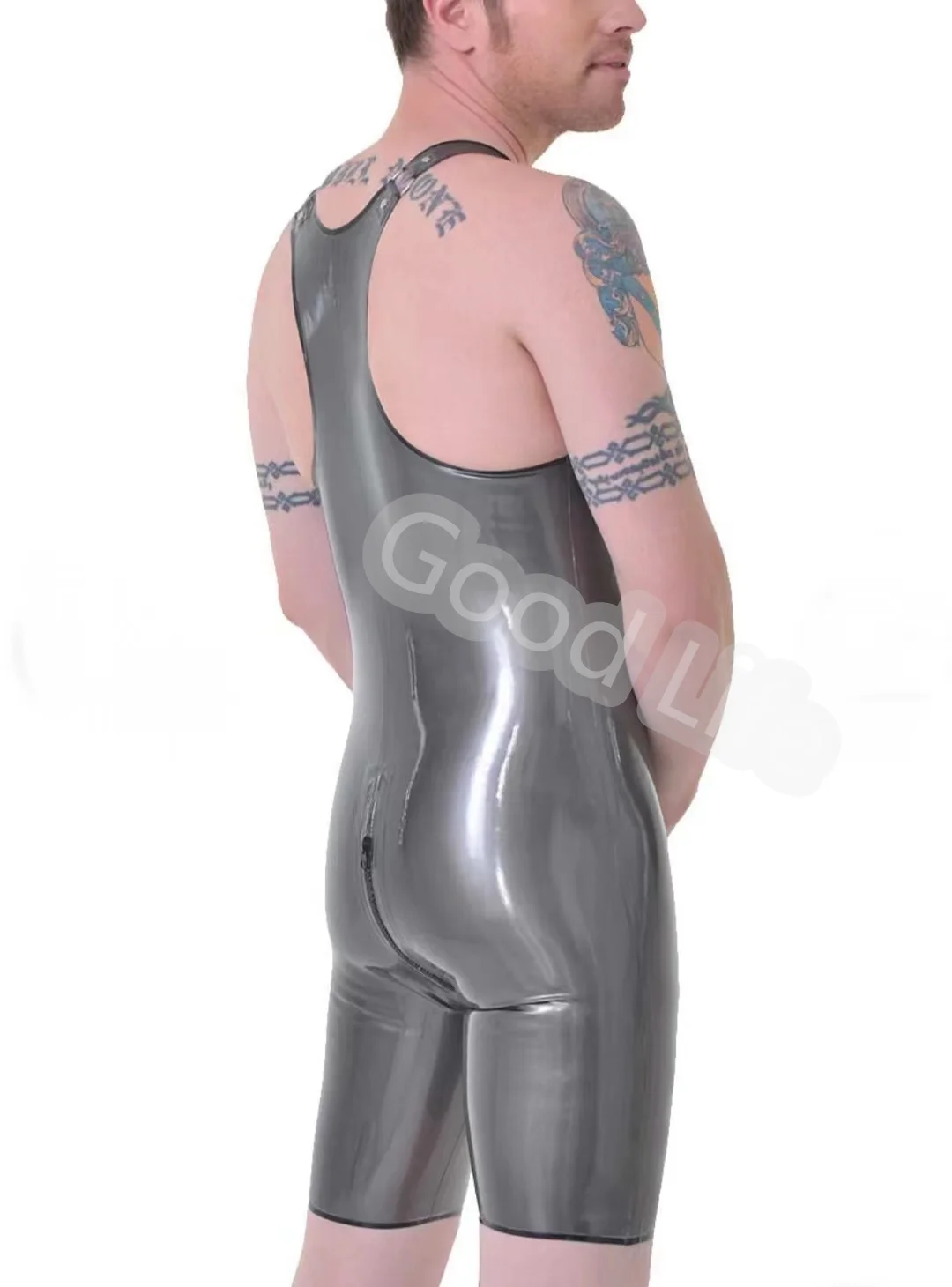 100% Natural Latex Handmade Hot Sexy Silver Men Latex Catsuit Tights Adjustable Shoulder Straps with Crotch Zipper