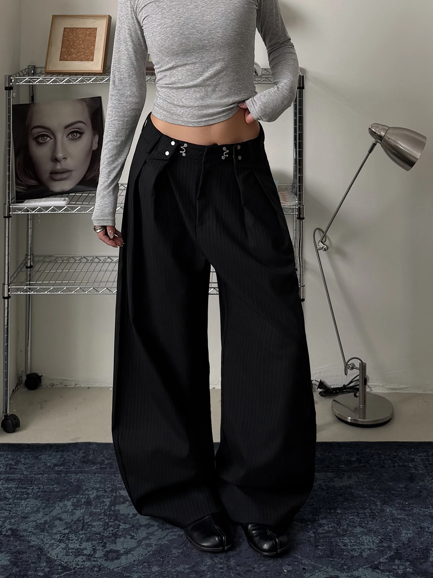 Pantalon décontracté à jambes larges et taille ajustable de style rétro américain pour femmes, à rayures, fluide, confortable, coupe droite