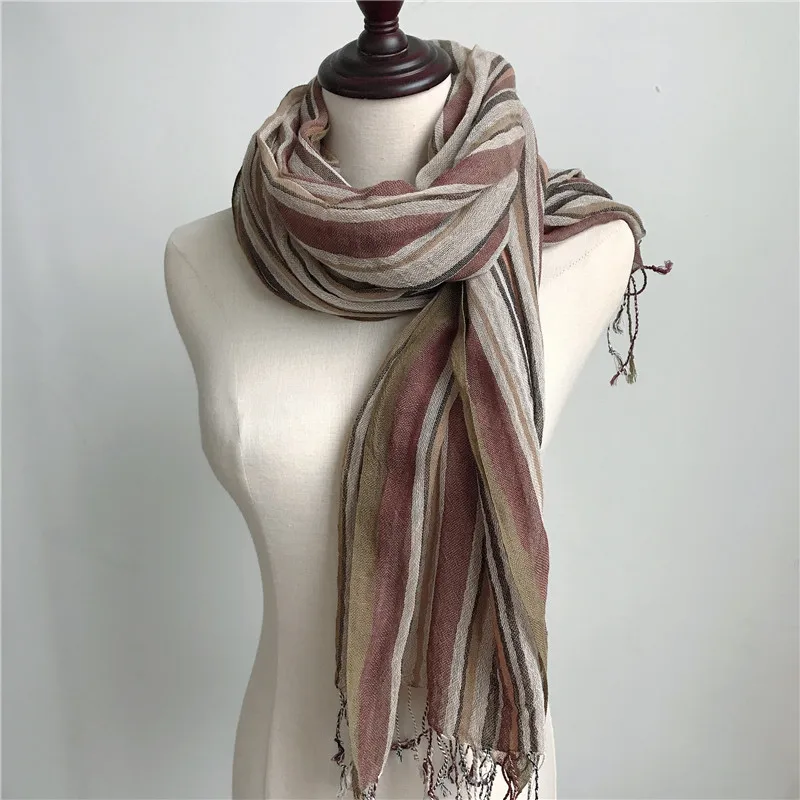 Johnature 2024 New Thin Cotton Linen Striped Scarf Four Seasons Versatile Soft Neck Guard Silk Scarf Women\'s Travel Shawl Scarf