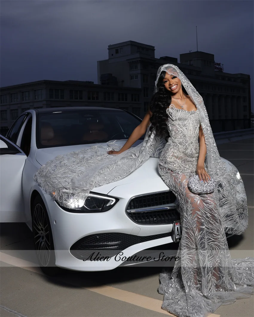 Elegant Silver Luxury African Evening Dresses With Cape Crystal Beading Wedding Reception Party Prom Gowns Customized image 4