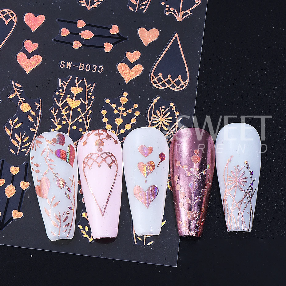 2 uds flores bronceadas pegatinas para decoración de uñas Metal de lujo pétalos de corazón dorados línea de vid geometría calcomanías para uñas decoración de manicura deslizador