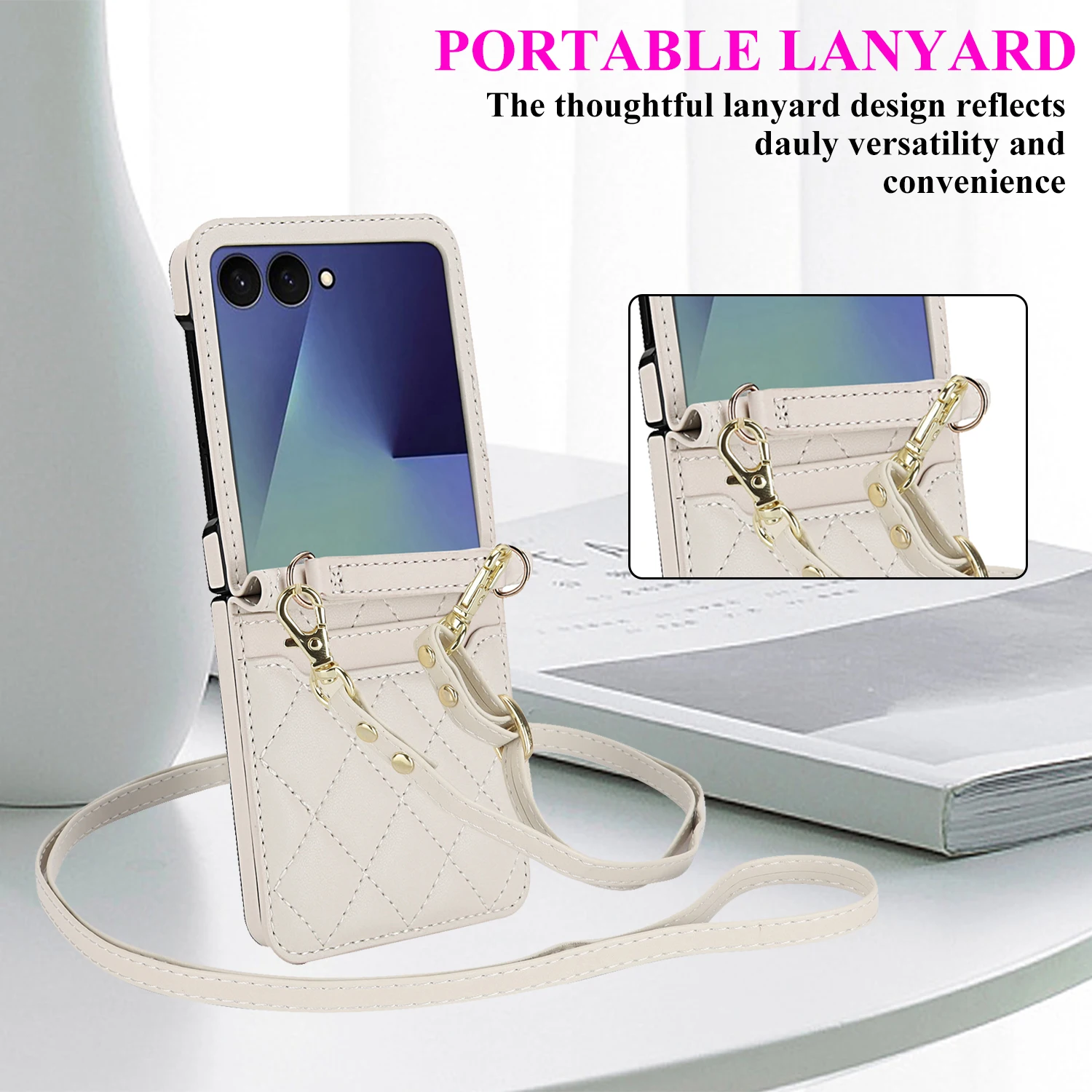 

Luxury Adjustable Crossbody Leather Phone Case for Samsung for Galaxy Z Flip 7 6 5 4 3 Shockproof Grid Cover Card Bag Back Strap