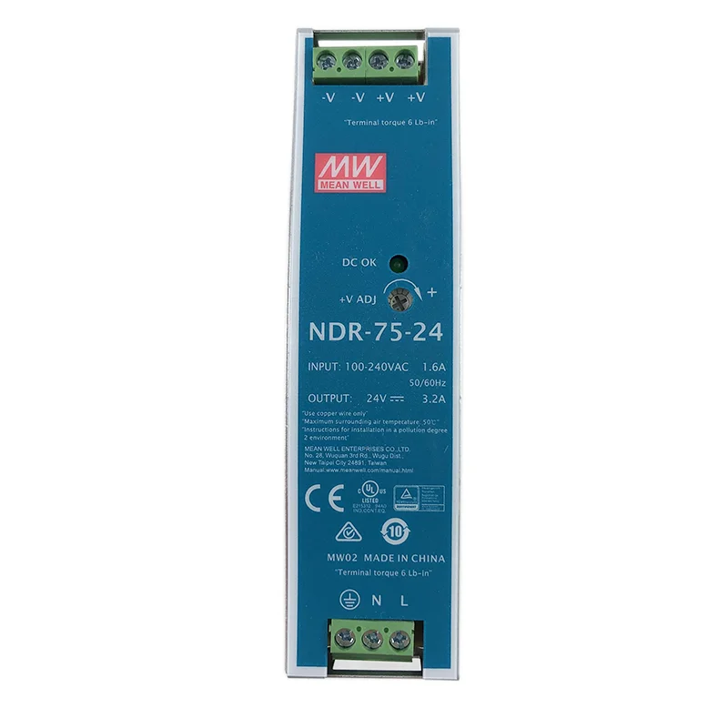 MEAN WELL Industrial Din Rail Mounted 75W Slim Single Output Switching Power Supply 12V 24V 48V NDR-75-12 NDR-75-24 NDR-75-48