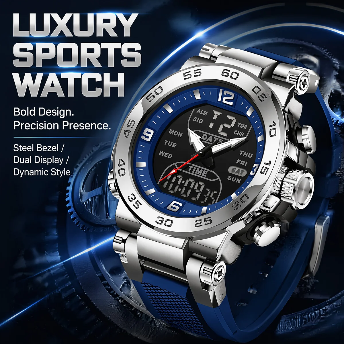 FOXBOX Fashion Man Watch Dual Display Silicone Waterproof Quartz Wristwatches Military Chronograph Date Sports Men Watches+Box