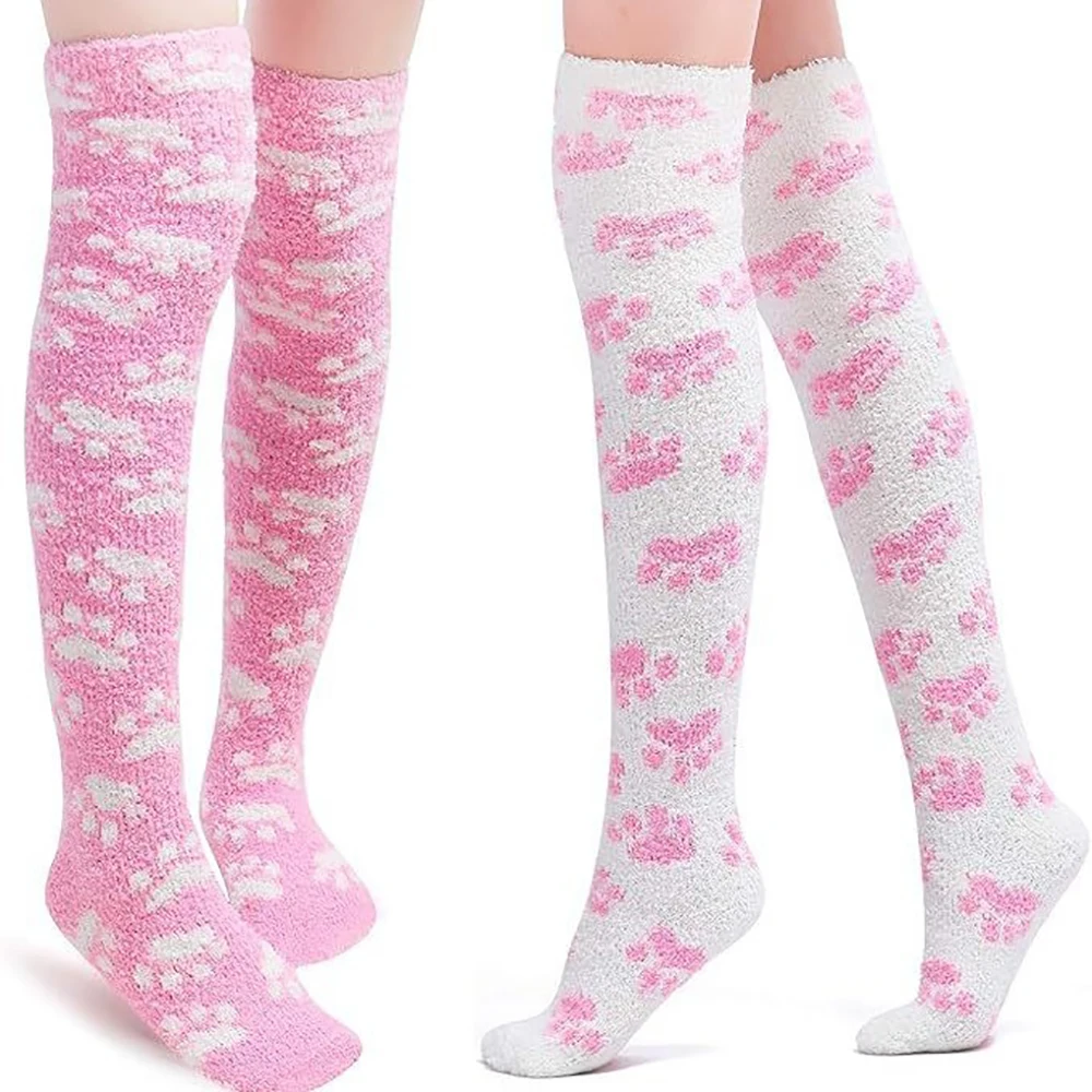 Women Winter Warm Fluffy Socks Over Knee Cute Cat Paw Fuzzy Stockings Female Thick Coral Fleece Soft Home Floor Sleep Socks