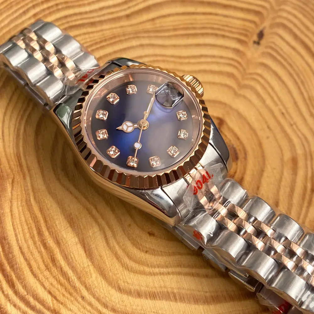 2024 Bliger New 26mm Rose Gold Deep Sea Blue Sterile Sunburst Dial NH05 Sapphire 50m Waterproof Automatic Watch Woman