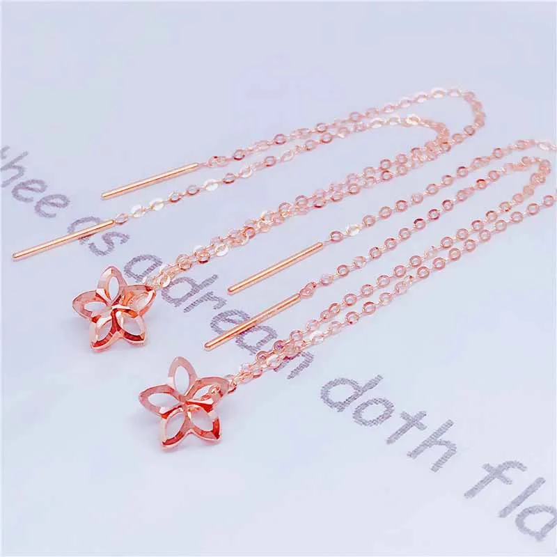 585 purple gold plated 14K rose gold double line Ear line multi-wear style hollow flower tassel earrings jewellery for women
