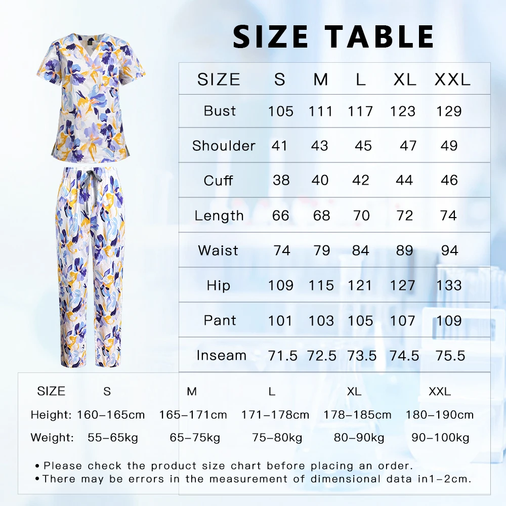 プリント手術服女性男性ポケットスクラブトップ + パンツ医療ナース制服美容サロン作業服小児科臨床スーツ