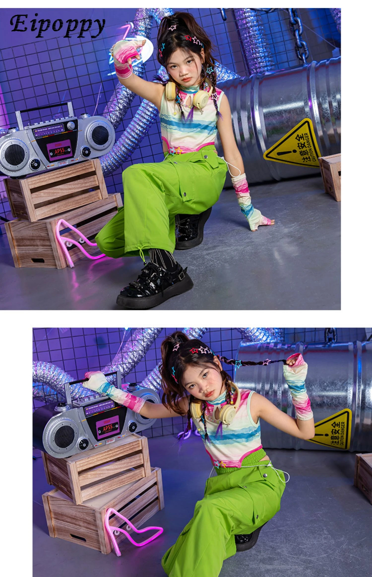 女の子のジャズダンスコスチューム、子供のストリートスーツ、ヒップホップクールなハンサムな服、ファッショナブル