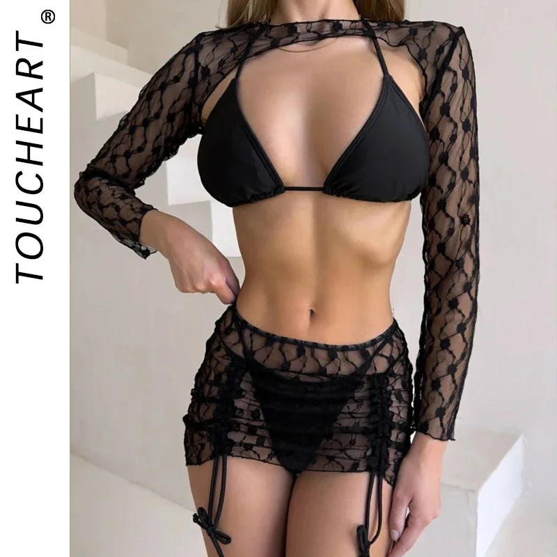 

Toucheart сексуальное женское белье костюм для женщин сетчатый пляжный купальник из четырех частей сексуальное бикини сплошной цвет с длинными рукавами сетчатый прозрачный комплект