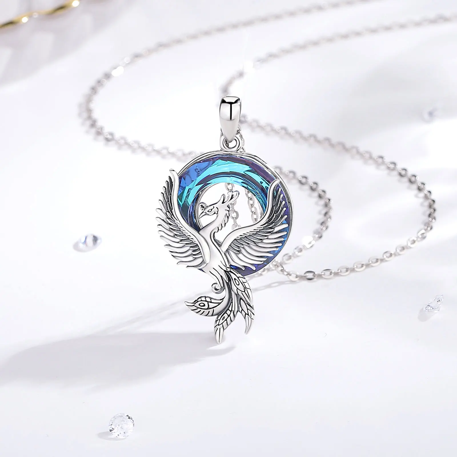 Eudora Real 925 Sterling Silver Dragon Phoenix Neckalce for Women Luxury Austrian Crystal Dragon Phoenix Pendant Trendy Jewelry