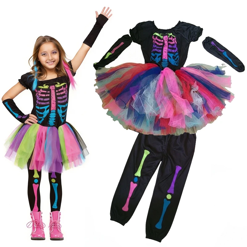 Kids Halloween Witch Outfit Girls Color Skeleton Pattern Tutu Dress Leggings Hat Broom Necklace Candy Bag Party Fancy Dress Set