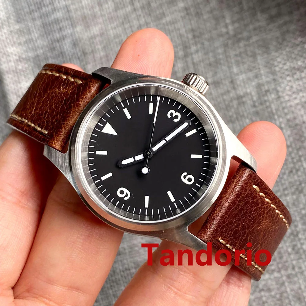 Tandorio 36 mm 20ATM Saphirglas-Taucher-Piloten-Herrenuhr für japanisches NH35 PT5000 Automatikwerk, grün leuchtendes Lederarmband