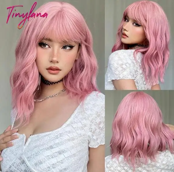 

White women's pink short wave wig with bangs