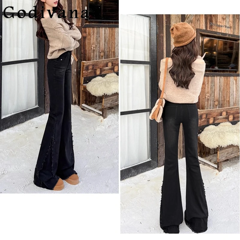 

Большой размер 2XL-6XL, черные американские джинсы с микро-подтяжками для девочек, тонкие эластичные корейские брюки с высокой талией на весну и осень для отдыха