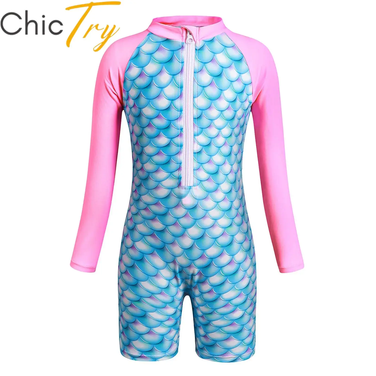 

Kids Girls Mermaid Fish Scales Print Swimsuit Long Sleeve One-Piece Swimwear Beachwear Romper Beach Sunsuit Surfing Bathing Suit