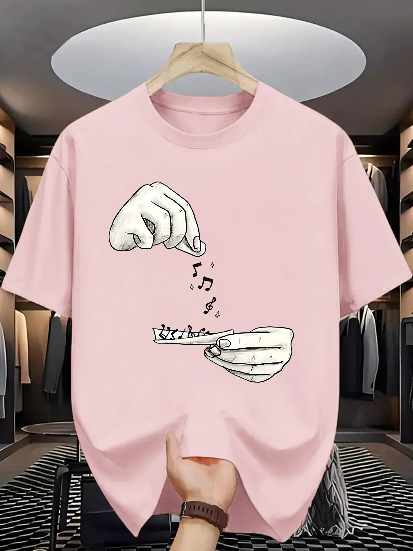 Sketch Hands Scattering Music Notes Print Cotton T-Shirt Minimalist Music Lover Casual Oversized Black Tee