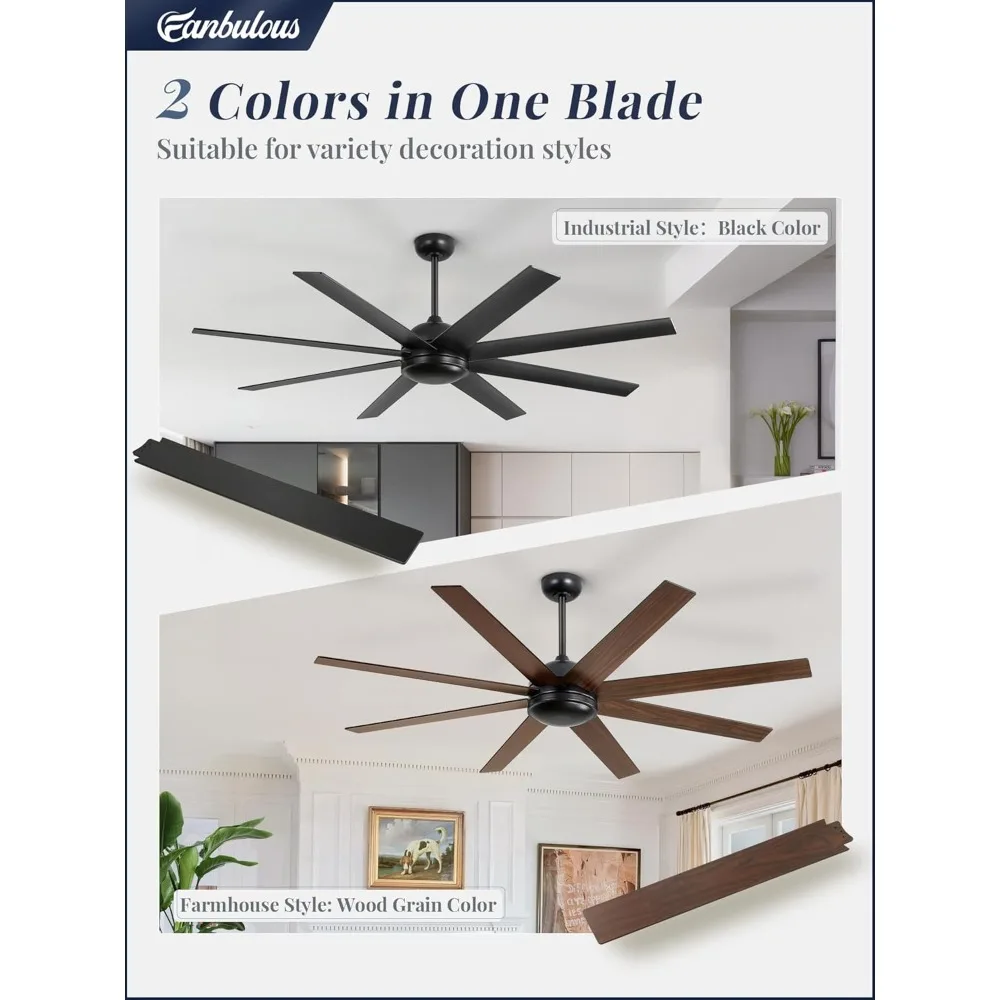 พัดลมเพดาน 65 นิ้วไม่มีแสงพร้อมรีโมท พัดลมเพดานในร่ม/กลางแจ้งสีดําไม่มีแสงพร้อมมอเตอร์ DC แบบพลิกกลับได้เงียบ