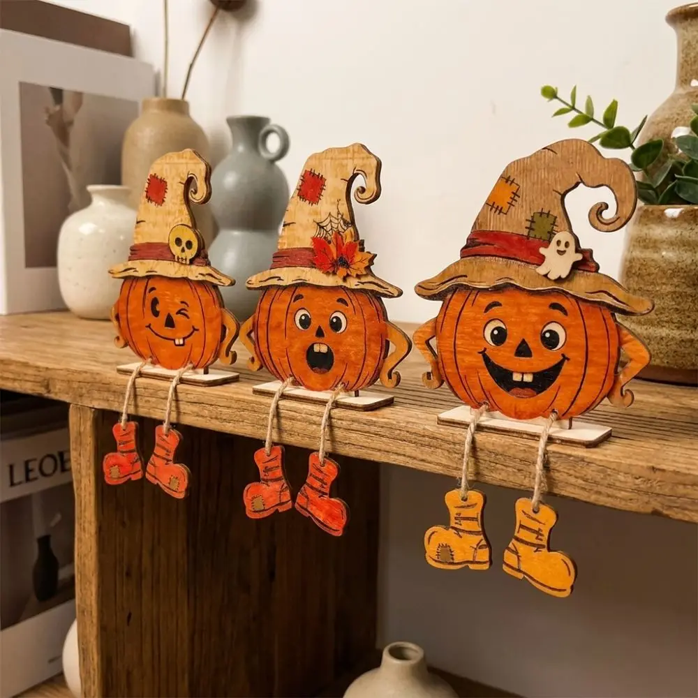 3Pcs 2D Flat Pumpkin-Shaped Wooden Ornaments Vintage Hand Painted Fall Pumpkin Table Ornament with Legs Pastoral