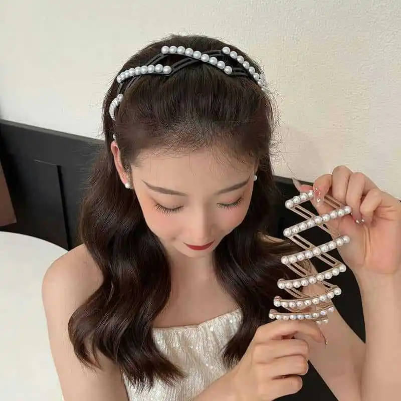 New Foldable and Extendable Pearl Headband Women Travel Portable Storage Face Wash Makeup Non-slip Hair Hoop Hair Accessories