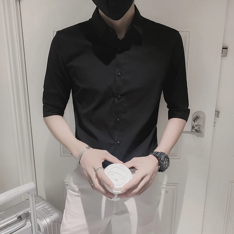 Men's Casual Mid-Sleeve Shirt Trendy Striped Slim Fit Summer Fashion Brand Long Sleeve Seven-Quarter Sleeve Short Sleeve