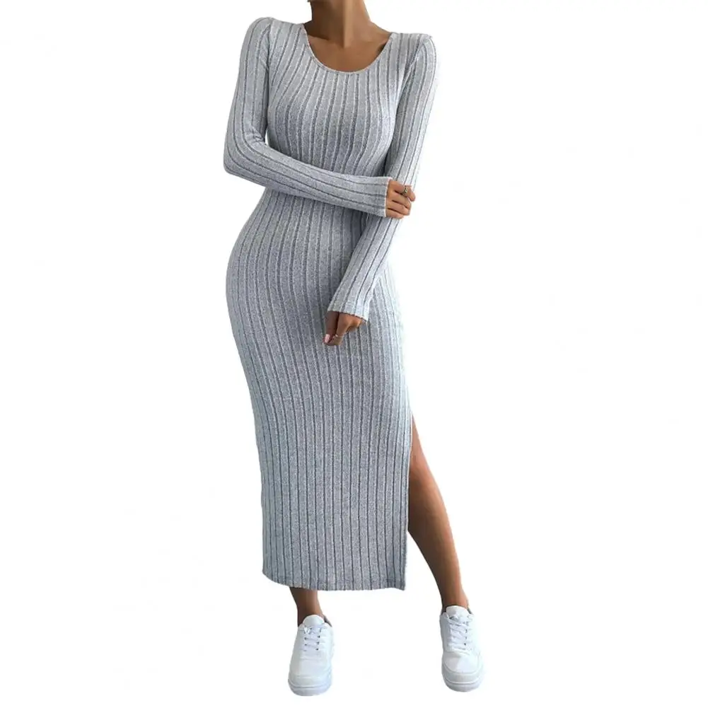 

Casual Elegant Women Dresses 2024 Autumn Winter New Long Sleeve Round Neck Split Knit Fashion Slim Long Dress Female Clothing