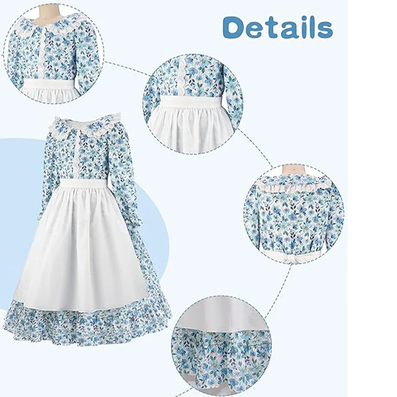 ชุดเด็กผู้หญิง Pioneer ชุดดอกไม้ Colonial Prairie สําหรับเด็กเล็กพร้อมผ้ากันเปื้อนและ Bonnet
