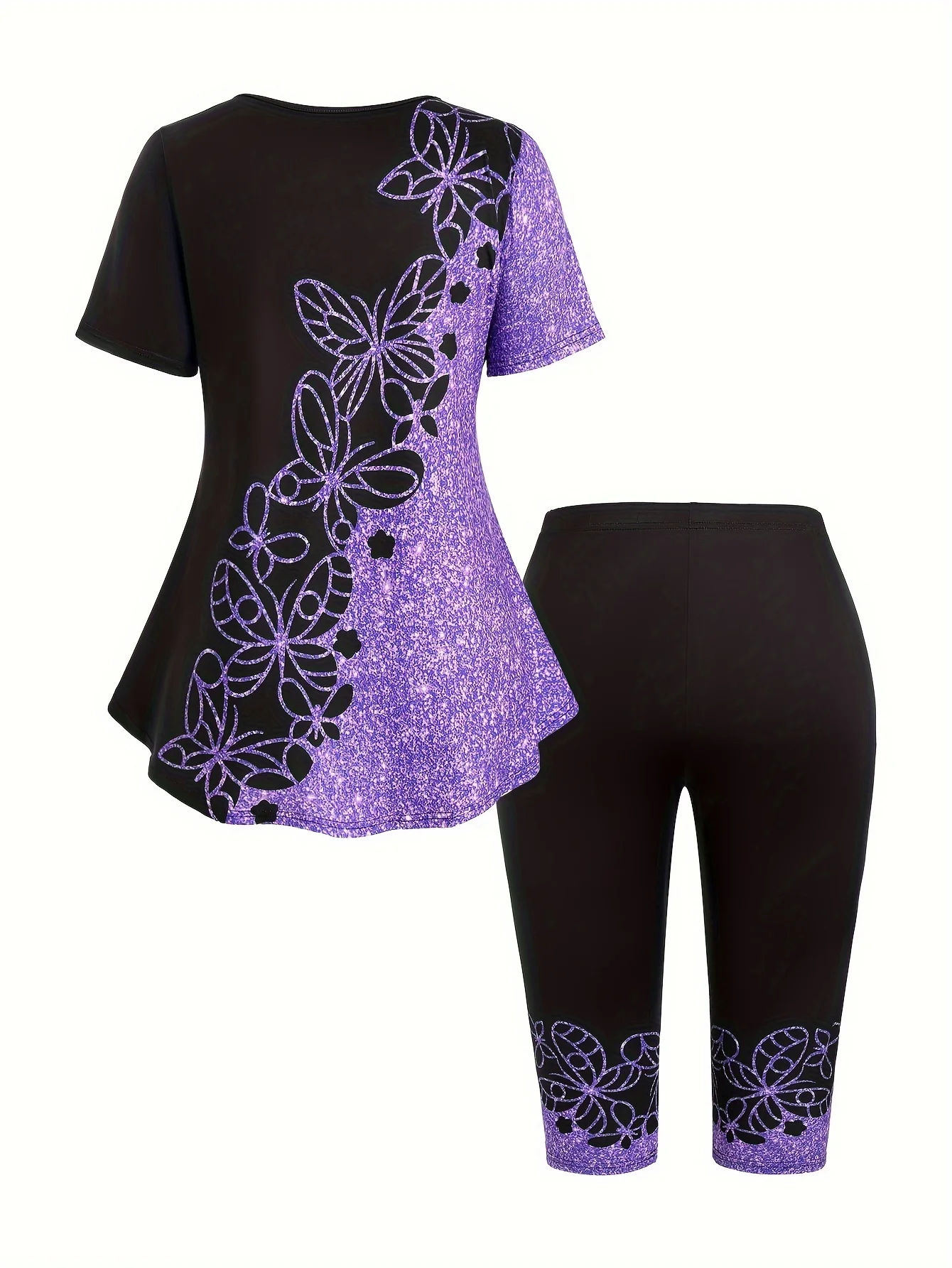 European and American Fashion Plus-Size Color Matching Butterfly Shiny Sequined Printed Short-Sleeved T-Shirt and Cropped Trousi
