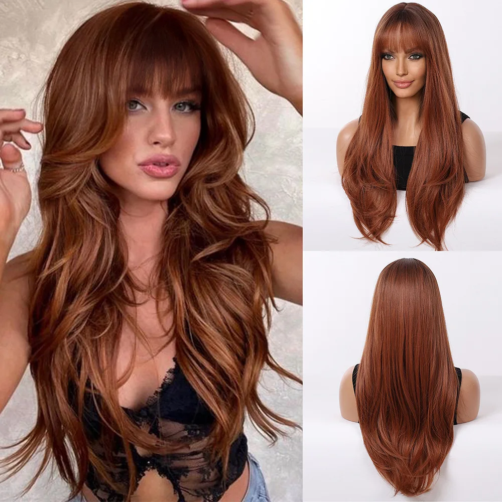 

European and American wig, black brown gradual change Qi bangs long inner buckle micro roll wig headgear