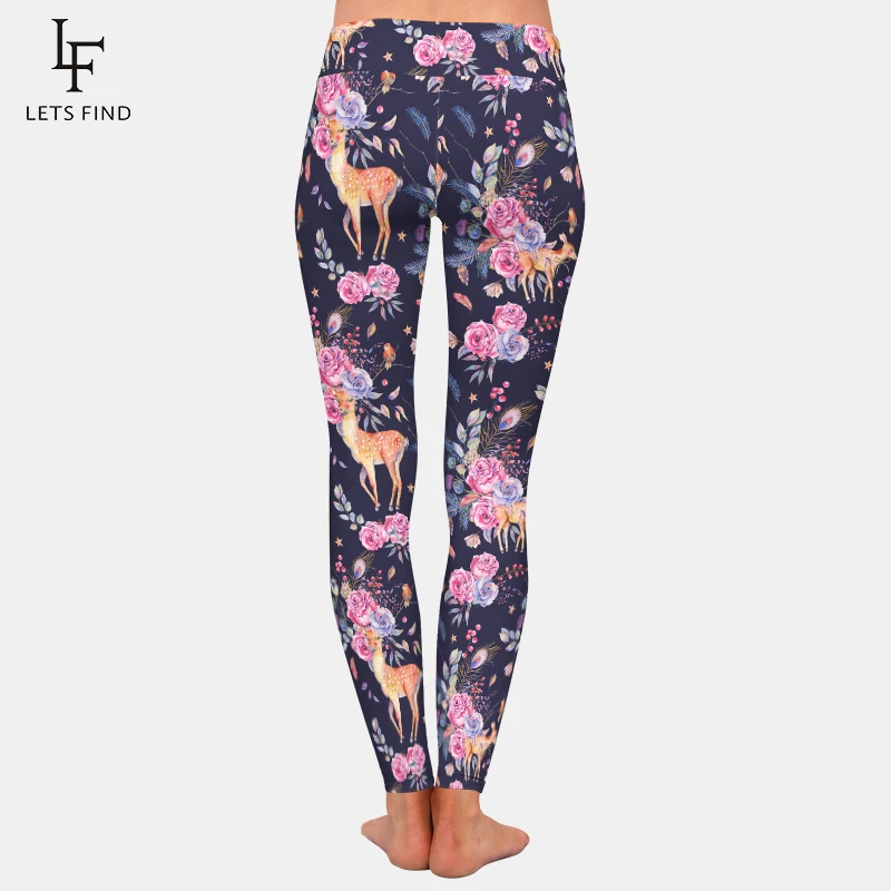 LETSFIND Cute Deer and Flowers Pattern 220gsm Double Side Brushed Milk Silk Print Women Leggings High Waist  Leggings