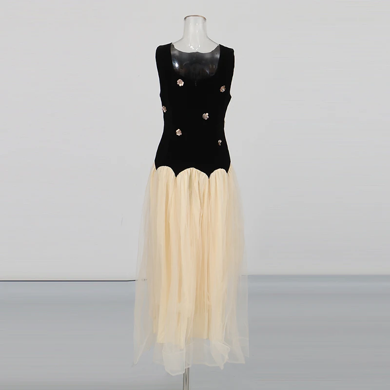 TWOTWINSTYLE, vestidos adelgazantes de colores llamativos para mujer, cuello redondo, sin mangas, cintura alta, vestido largo de malla empalmado para mujer