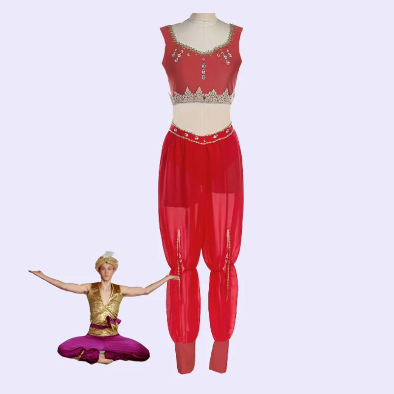 Red Or Purple Or Blue Arabian Ballet Costumes, Tank Top And Chiffon Pants Latin Arabic Dance Clothes For Performance