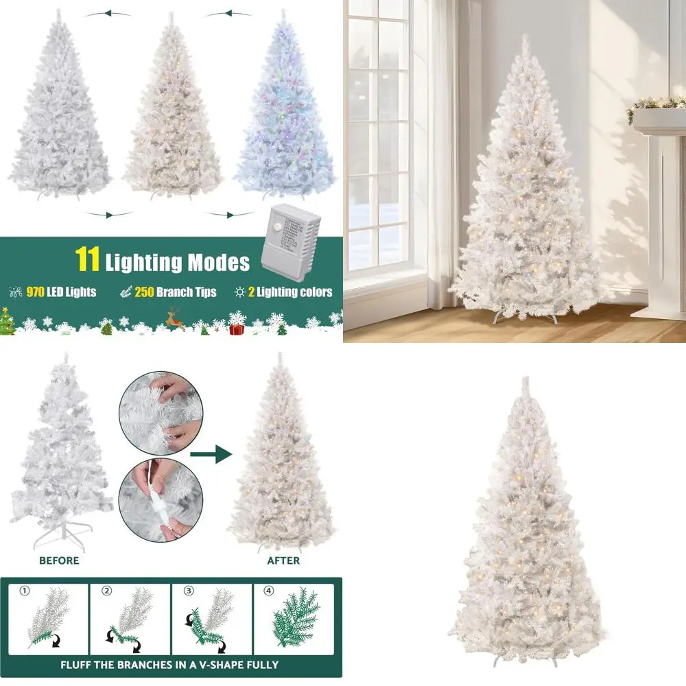 

6ft White Artificial Spruce Christmas Tree with 970 Tips, 250 Lights, Metal Hinges & Base for Home & Office Decor